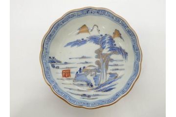 江戸期　伊万里　染付　金彩　山水図　約15cm　4.9寸　上質な和の雰囲気を醸し出すなます皿3枚セット(中皿、和皿、和食器、四寸九分)(R-073116)