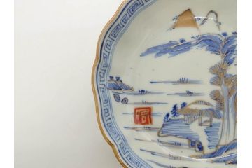 江戸期　伊万里　染付　金彩　山水図　約15cm　4.9寸　上質な和の雰囲気を醸し出すなます皿3枚セット(中皿、和皿、和食器、四寸九分)(R-073116)