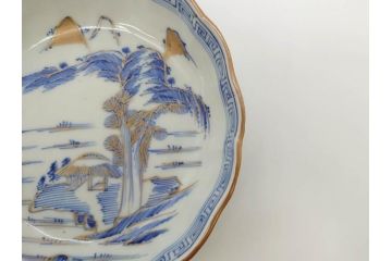 江戸期　伊万里　染付　金彩　山水図　約15cm　4.9寸　上質な和の雰囲気を醸し出すなます皿3枚セット(中皿、和皿、和食器、四寸九分)(R-073116)