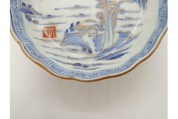 江戸期　伊万里　染付　金彩　山水図　約15cm　4.9寸　上質な和の雰囲気を醸し出すなます皿3枚セット(中皿、和皿、和食器、四寸九分)(R-073116)