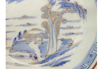 江戸期　伊万里　染付　金彩　山水図　約15cm　4.9寸　上質な和の雰囲気を醸し出すなます皿3枚セット(中皿、和皿、和食器、四寸九分)(R-073116)