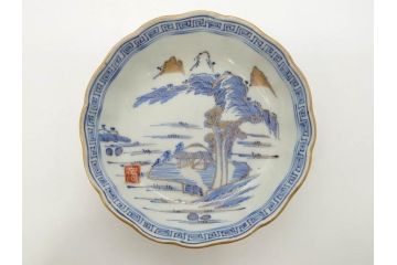 江戸期　伊万里　染付　金彩　山水図　約15cm　4.9寸　上質な和の雰囲気を醸し出すなます皿3枚セット(中皿、和皿、和食器、四寸九分)(R-073116)
