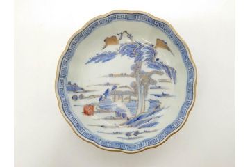 江戸期　伊万里　染付　金彩　山水図　約15cm　4.9寸　上質な和の雰囲気を醸し出すなます皿3枚セット(中皿、和皿、和食器、四寸九分)(R-073116)