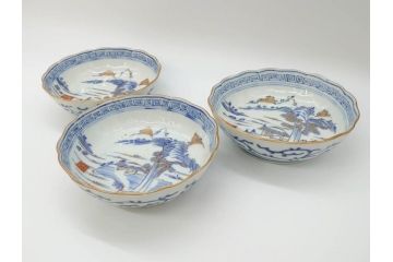 江戸期　伊万里　染付　金彩　山水図　約15cm　4.9寸　上質な和の雰囲気を醸し出すなます皿3枚セット(中皿、和皿、和食器、四寸九分)(R-073117)