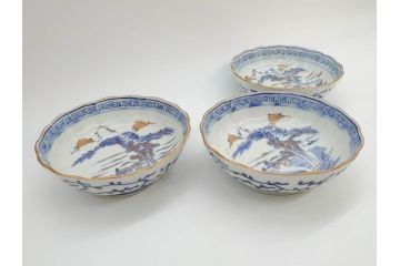 江戸期　伊万里　染付　金彩　山水図　約15cm　4.9寸　上質な和の雰囲気を醸し出すなます皿3枚セット(中皿、和皿、和食器、四寸九分)(R-073117)