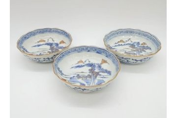 江戸期　伊万里　染付　金彩　山水図　約15cm　4.9寸　上質な和の雰囲気を醸し出すなます皿3枚セット(中皿、和皿、和食器、四寸九分)(R-073117)