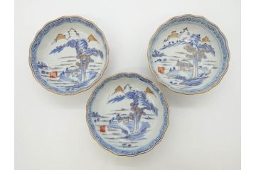 江戸期　伊万里　染付　金彩　山水図　約15cm　4.9寸　上質な和の雰囲気を醸し出すなます皿3枚セット(中皿、和皿、和食器、四寸九分)(R-073117)