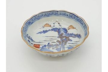 江戸期　伊万里　染付　金彩　山水図　約15cm　4.9寸　上質な和の雰囲気を醸し出すなます皿3枚セット(中皿、和皿、和食器、四寸九分)(R-073117)