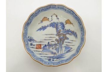 江戸期　伊万里　染付　金彩　山水図　約15cm　4.9寸　上質な和の雰囲気を醸し出すなます皿3枚セット(中皿、和皿、和食器、四寸九分)(R-073117)