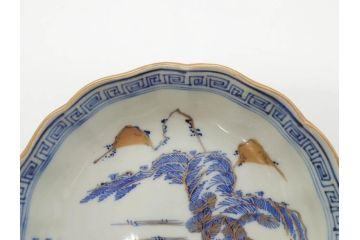 江戸期　伊万里　染付　金彩　山水図　約15cm　4.9寸　上質な和の雰囲気を醸し出すなます皿3枚セット(中皿、和皿、和食器、四寸九分)(R-073117)