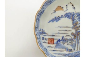 江戸期　伊万里　染付　金彩　山水図　約15cm　4.9寸　上質な和の雰囲気を醸し出すなます皿3枚セット(中皿、和皿、和食器、四寸九分)(R-073117)
