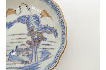 江戸期　伊万里　染付　金彩　山水図　約15cm　4.9寸　上質な和の雰囲気を醸し出すなます皿3枚セット(中皿、和皿、和食器、四寸九分)(R-073117)