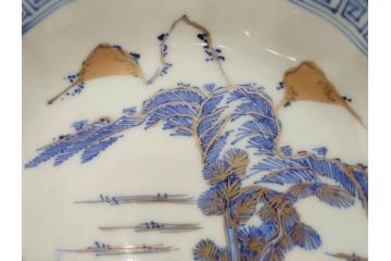 江戸期　伊万里　染付　金彩　山水図　約15cm　4.9寸　上質な和の雰囲気を醸し出すなます皿3枚セット(中皿、和皿、和食器、四寸九分)(R-073117)