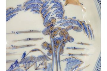 江戸期　伊万里　染付　金彩　山水図　約15cm　4.9寸　上質な和の雰囲気を醸し出すなます皿3枚セット(中皿、和皿、和食器、四寸九分)(R-073117)