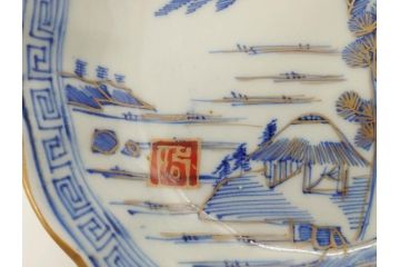 江戸期　伊万里　染付　金彩　山水図　約15cm　4.9寸　上質な和の雰囲気を醸し出すなます皿3枚セット(中皿、和皿、和食器、四寸九分)(R-073117)