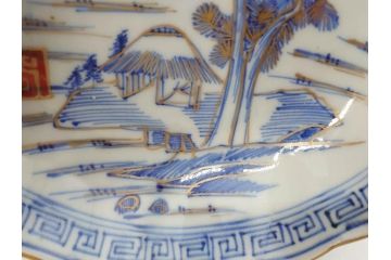 江戸期　伊万里　染付　金彩　山水図　約15cm　4.9寸　上質な和の雰囲気を醸し出すなます皿3枚セット(中皿、和皿、和食器、四寸九分)(R-073117)