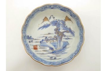 江戸期　伊万里　染付　金彩　山水図　約15cm　4.9寸　上質な和の雰囲気を醸し出すなます皿3枚セット(中皿、和皿、和食器、四寸九分)(R-073117)