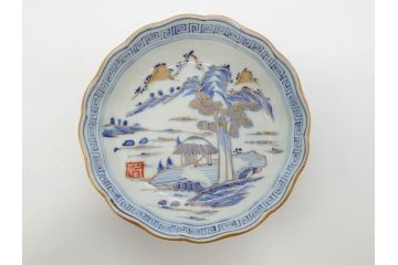 江戸期　伊万里　染付　金彩　山水図　約15cm　4.9寸　上質な和の雰囲気を醸し出すなます皿3枚セット(中皿、和皿、和食器、四寸九分)(R-073117)