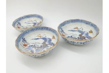 江戸期　伊万里　染付　金彩　山水図　約15cm　4.9寸　上質な和の雰囲気を醸し出すなます皿3枚セット(中皿、和皿、和食器、四寸九分)(R-073118)