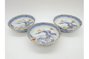 江戸期　伊万里　染付　金彩　山水図　約15cm　4.9寸　上質な和の雰囲気を醸し出すなます皿3枚セット(中皿、和皿、和食器、四寸九分)(R-073118)