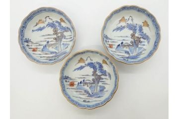 江戸期　伊万里　染付　金彩　山水図　約15cm　4.9寸　上質な和の雰囲気を醸し出すなます皿3枚セット(中皿、和皿、和食器、四寸九分)(R-073118)