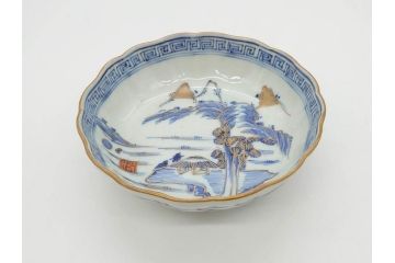 江戸期　伊万里　染付　金彩　山水図　約15cm　4.9寸　上質な和の雰囲気を醸し出すなます皿3枚セット(中皿、和皿、和食器、四寸九分)(R-073118)
