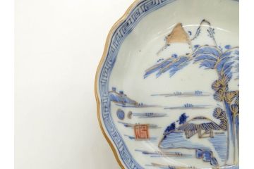 江戸期　伊万里　染付　金彩　山水図　約15cm　4.9寸　上質な和の雰囲気を醸し出すなます皿3枚セット(中皿、和皿、和食器、四寸九分)(R-073118)