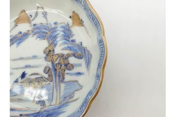 江戸期　伊万里　染付　金彩　山水図　約15cm　4.9寸　上質な和の雰囲気を醸し出すなます皿3枚セット(中皿、和皿、和食器、四寸九分)(R-073118)