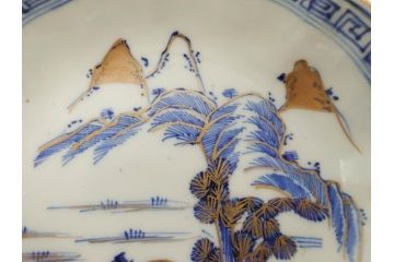 江戸期　伊万里　染付　金彩　山水図　約15cm　4.9寸　上質な和の雰囲気を醸し出すなます皿3枚セット(中皿、和皿、和食器、四寸九分)(R-073118)