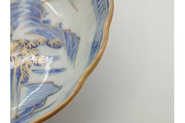 江戸期　伊万里　染付　金彩　山水図　約15cm　4.9寸　上質な和の雰囲気を醸し出すなます皿3枚セット(中皿、和皿、和食器、四寸九分)(R-073118)