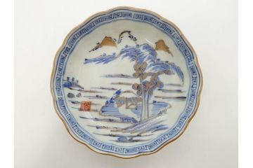 江戸期　伊万里　染付　金彩　山水図　約15cm　4.9寸　上質な和の雰囲気を醸し出すなます皿3枚セット(中皿、和皿、和食器、四寸九分)(R-073118)