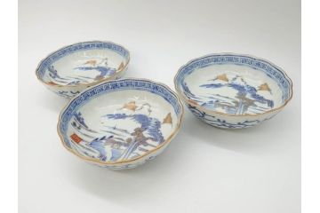 江戸期　伊万里　染付　金彩　山水図　約15cm　4.9寸　上質な和の雰囲気を醸し出すなます皿3枚セット(中皿、和皿、和食器、四寸九分)(R-073119)