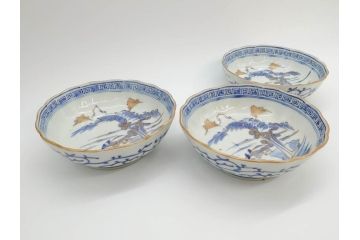 江戸期　伊万里　染付　金彩　山水図　約15cm　4.9寸　上質な和の雰囲気を醸し出すなます皿3枚セット(中皿、和皿、和食器、四寸九分)(R-073119)