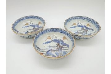 江戸期　伊万里　染付　金彩　山水図　約15cm　4.9寸　上質な和の雰囲気を醸し出すなます皿3枚セット(中皿、和皿、和食器、四寸九分)(R-073119)