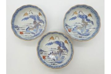 江戸期　伊万里　染付　金彩　山水図　約15cm　4.9寸　上質な和の雰囲気を醸し出すなます皿3枚セット(中皿、和皿、和食器、四寸九分)(R-073119)
