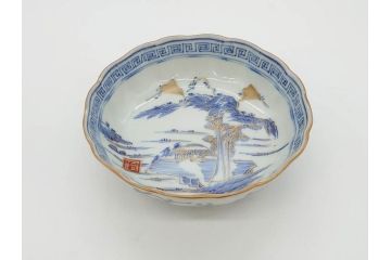 江戸期　伊万里　染付　金彩　山水図　約15cm　4.9寸　上質な和の雰囲気を醸し出すなます皿3枚セット(中皿、和皿、和食器、四寸九分)(R-073119)