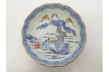 江戸期　伊万里　染付　金彩　山水図　約15cm　4.9寸　上質な和の雰囲気を醸し出すなます皿3枚セット(中皿、和皿、和食器、四寸九分)(R-073119)