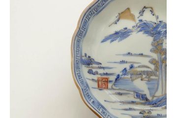 江戸期　伊万里　染付　金彩　山水図　約15cm　4.9寸　上質な和の雰囲気を醸し出すなます皿3枚セット(中皿、和皿、和食器、四寸九分)(R-073119)