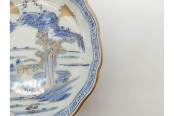 江戸期　伊万里　染付　金彩　山水図　約15cm　4.9寸　上質な和の雰囲気を醸し出すなます皿3枚セット(中皿、和皿、和食器、四寸九分)(R-073119)