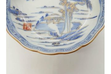 江戸期　伊万里　染付　金彩　山水図　約15cm　4.9寸　上質な和の雰囲気を醸し出すなます皿3枚セット(中皿、和皿、和食器、四寸九分)(R-073119)