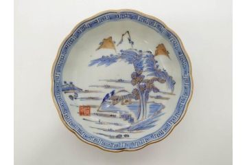 江戸期　伊万里　染付　金彩　山水図　約15cm　4.9寸　上質な和の雰囲気を醸し出すなます皿3枚セット(中皿、和皿、和食器、四寸九分)(R-073119)
