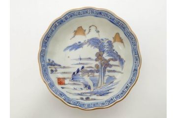 江戸期　伊万里　染付　金彩　山水図　約15cm　4.9寸　上質な和の雰囲気を醸し出すなます皿3枚セット(中皿、和皿、和食器、四寸九分)(R-073119)
