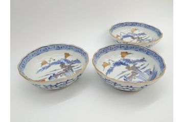 江戸期　伊万里　染付　金彩　山水図　約15cm　4.9寸　上質な和の雰囲気を醸し出すなます皿3枚セット(中皿、和皿、和食器、四寸九分)(R-073120)