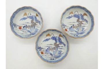 江戸期　伊万里　染付　金彩　山水図　約15cm　4.9寸　上質な和の雰囲気を醸し出すなます皿3枚セット(中皿、和皿、和食器、四寸九分)(R-073120)