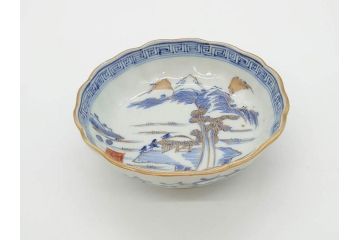 江戸期　伊万里　染付　金彩　山水図　約15cm　4.9寸　上質な和の雰囲気を醸し出すなます皿3枚セット(中皿、和皿、和食器、四寸九分)(R-073120)
