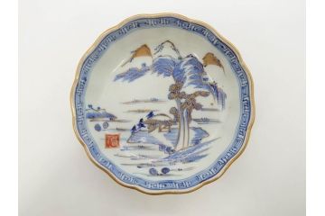 江戸期　伊万里　染付　金彩　山水図　約15cm　4.9寸　上質な和の雰囲気を醸し出すなます皿3枚セット(中皿、和皿、和食器、四寸九分)(R-073120)