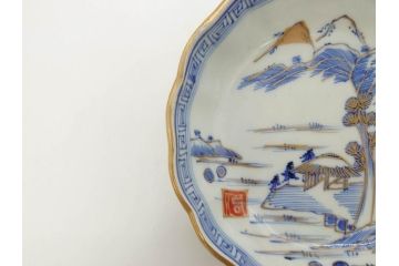 江戸期　伊万里　染付　金彩　山水図　約15cm　4.9寸　上質な和の雰囲気を醸し出すなます皿3枚セット(中皿、和皿、和食器、四寸九分)(R-073120)