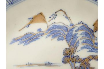 江戸期　伊万里　染付　金彩　山水図　約15cm　4.9寸　上質な和の雰囲気を醸し出すなます皿3枚セット(中皿、和皿、和食器、四寸九分)(R-073120)