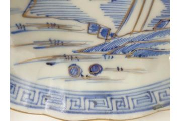江戸期　伊万里　染付　金彩　山水図　約15cm　4.9寸　上質な和の雰囲気を醸し出すなます皿3枚セット(中皿、和皿、和食器、四寸九分)(R-073120)