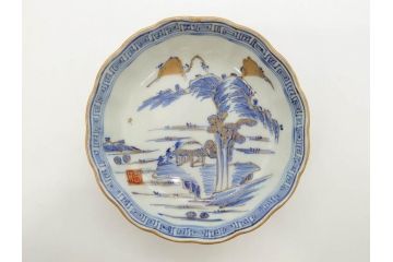 江戸期　伊万里　染付　金彩　山水図　約15cm　4.9寸　上質な和の雰囲気を醸し出すなます皿3枚セット(中皿、和皿、和食器、四寸九分)(R-073120)